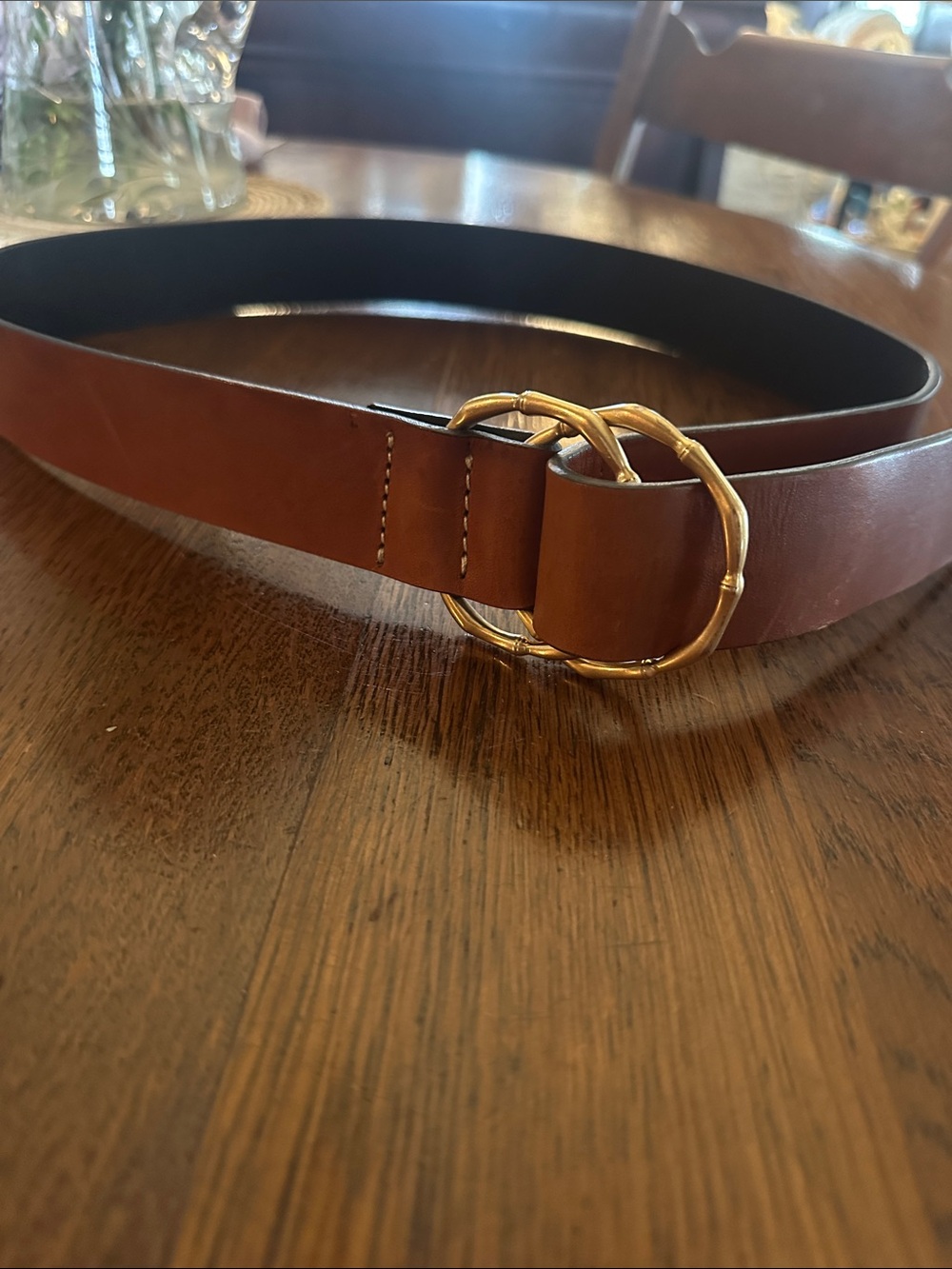 Womenβs Tan Leather Belt with Gold Double-Ring Buckle